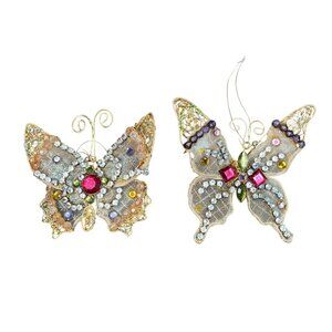 Vintage Beaded Wire & Fabric Butterfly Ornaments With Rhinestones & Gemstones